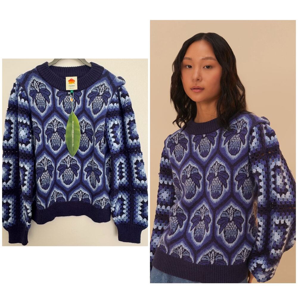 Farm Rio Blue Pinneaple Cobogo Knit Sweater